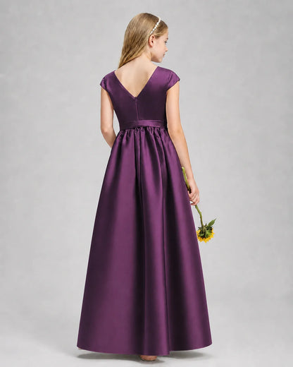 Grape Satin A-line Junior Bridesmaid Dress Back View