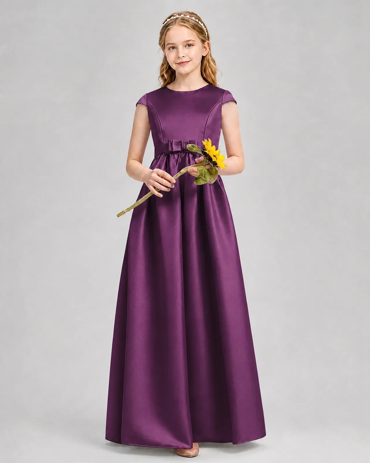 Grape Satin A-line Junior Bridesmaid Dress Front View