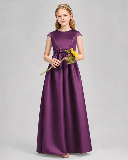 Grape Satin A-line Junior Bridesmaid Dress Front View