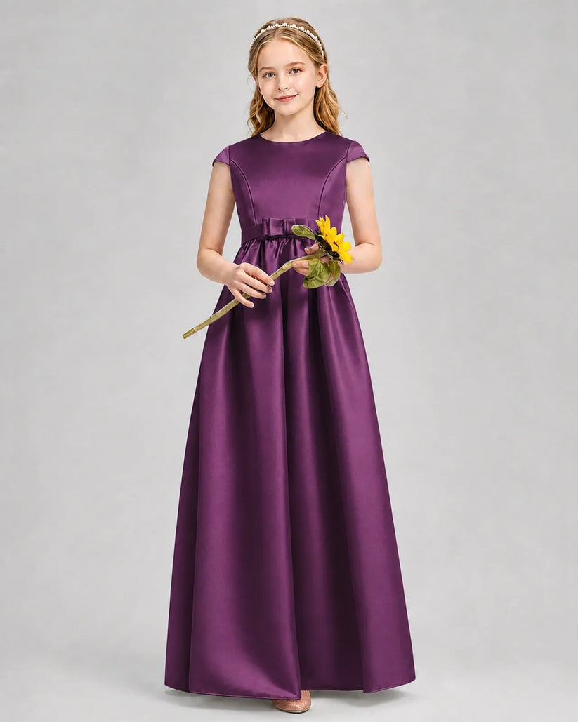 Grape Satin A-line Junior Bridesmaid Dress Front View