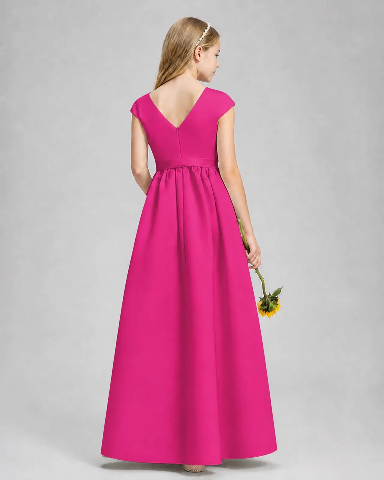 Hot Pink Satin A-line Junior Bridesmaid Dress Back View