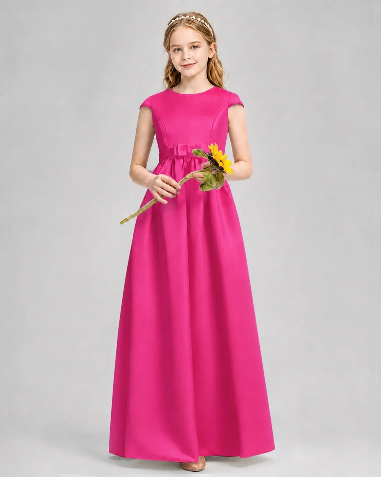 Hot Pink Satin A-line Junior Bridesmaid Dress Front View