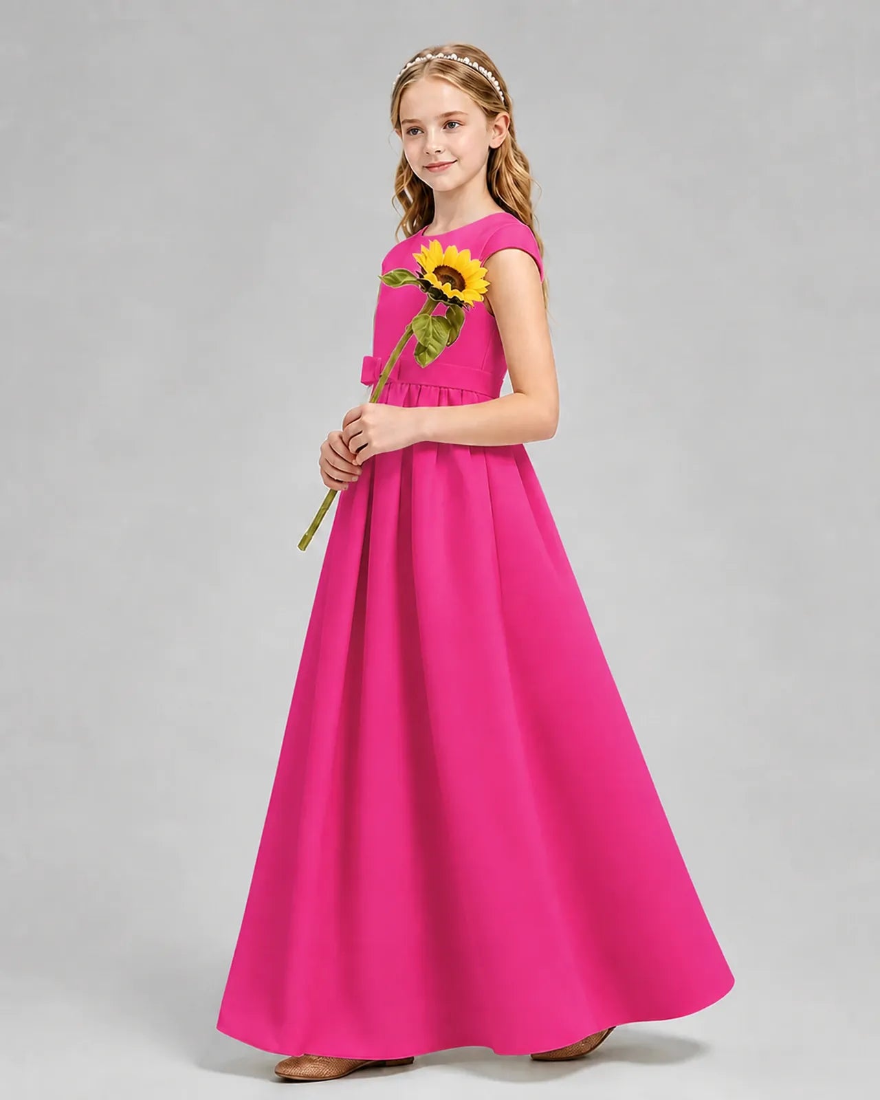 Hot Pink Satin A-line Junior Bridesmaid Dress Side View