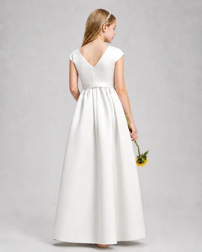 Ivory Satin A-line Junior Bridesmaid Dress Back View