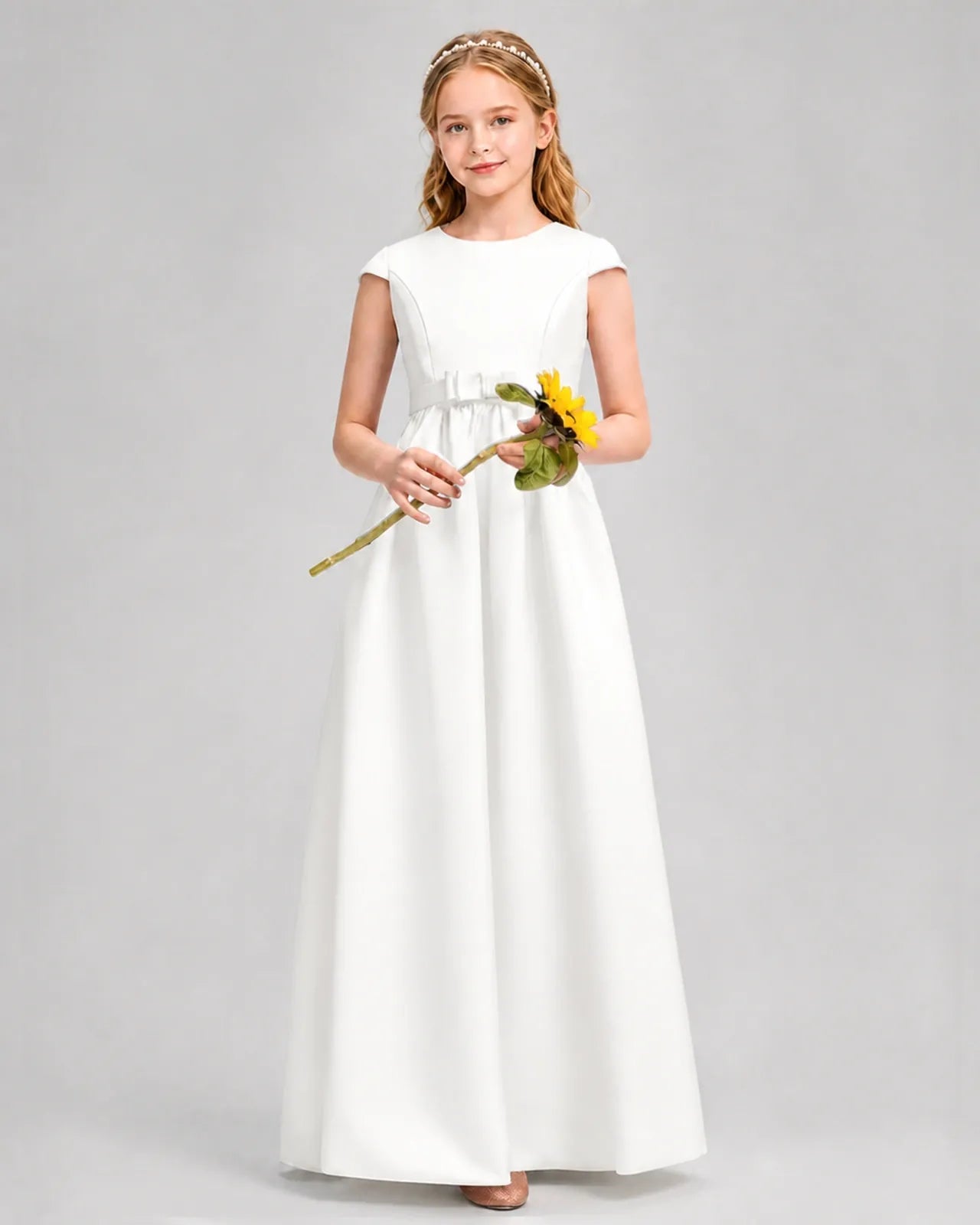 Ivory Satin A-line Junior Bridesmaid Dress Front View
