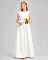 Ivory Satin A-line Junior Bridesmaid Dress Front View