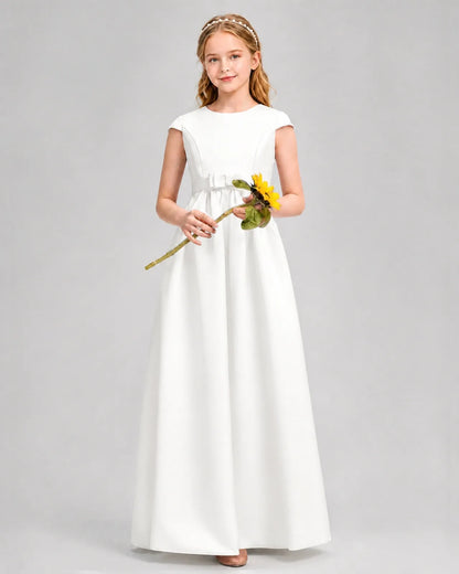 Ivory Satin A-line Junior Bridesmaid Dress Front View