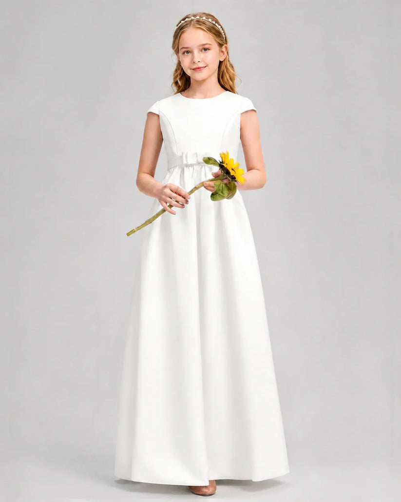 Ivory Satin A-line Junior Bridesmaid Dress Front View