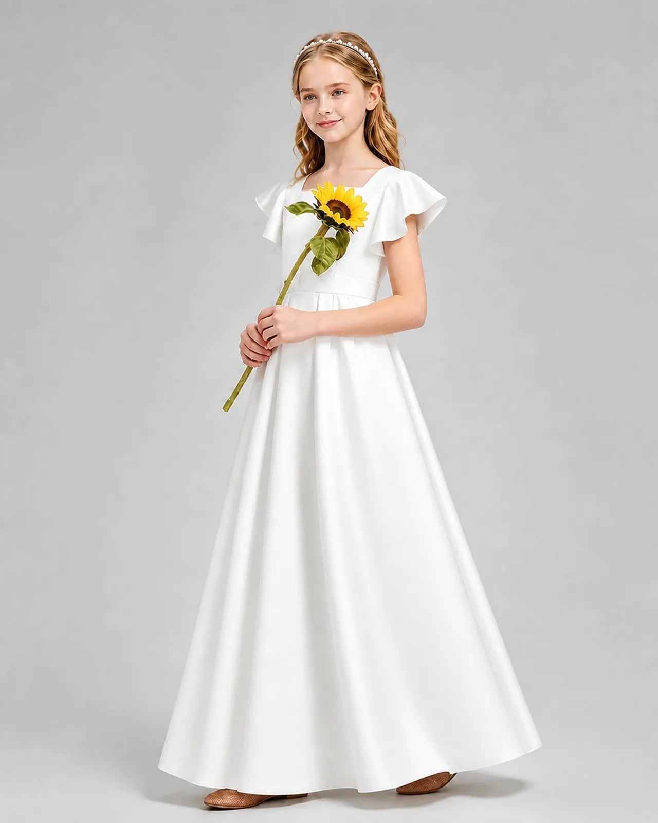 Ivory Satin A-line Junior Bridesmaid Dress Side View