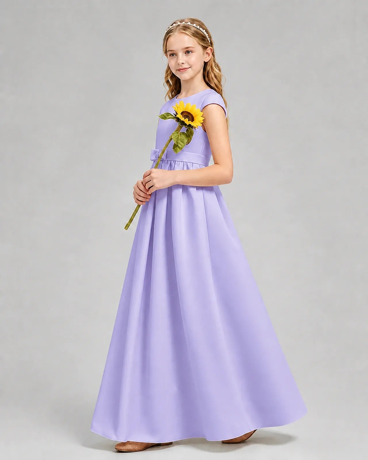 Lavender Satin A-line Junior Bridesmaid Dress Side View