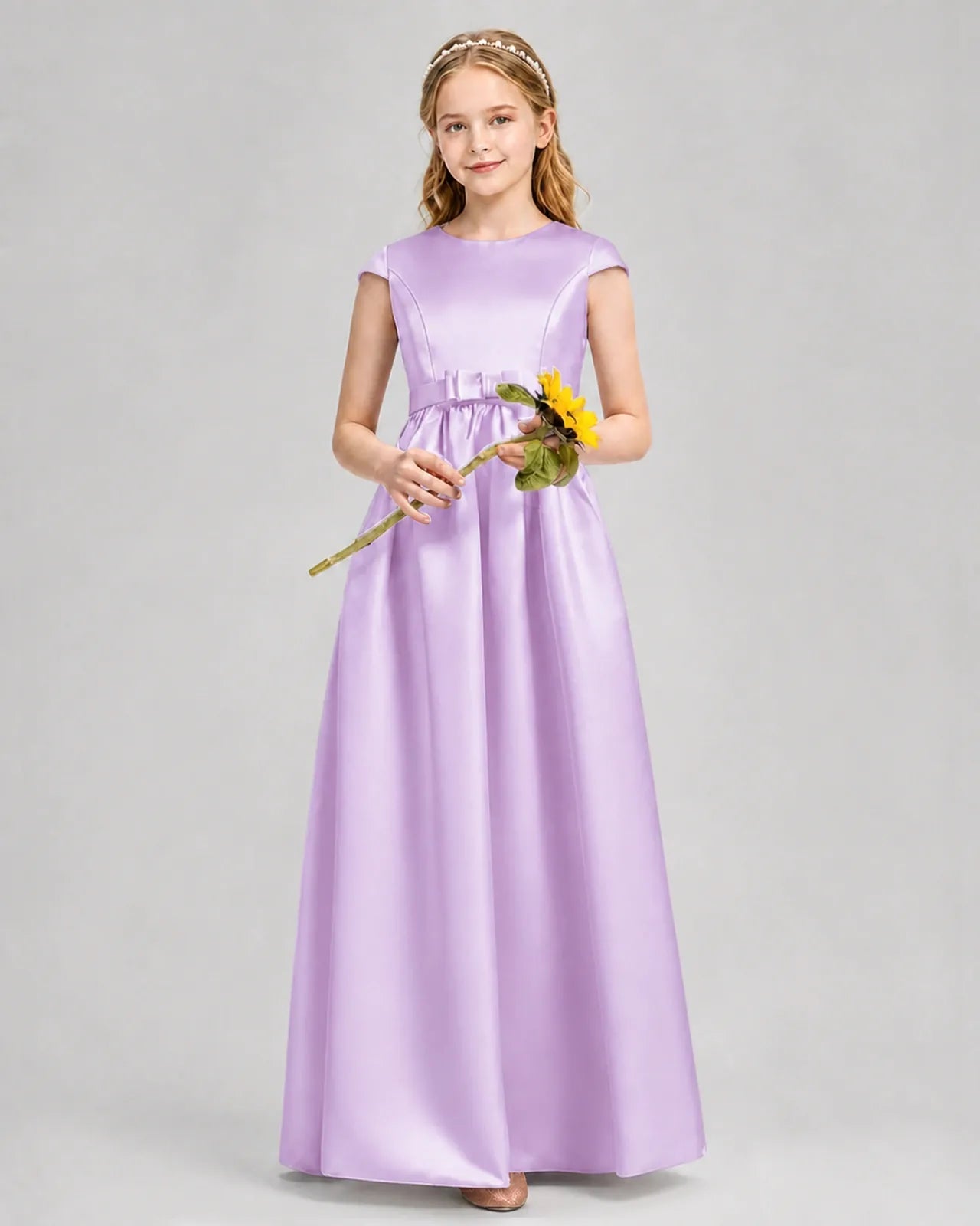 Lilac Satin A-line Junior Bridesmaid Dress Front View
