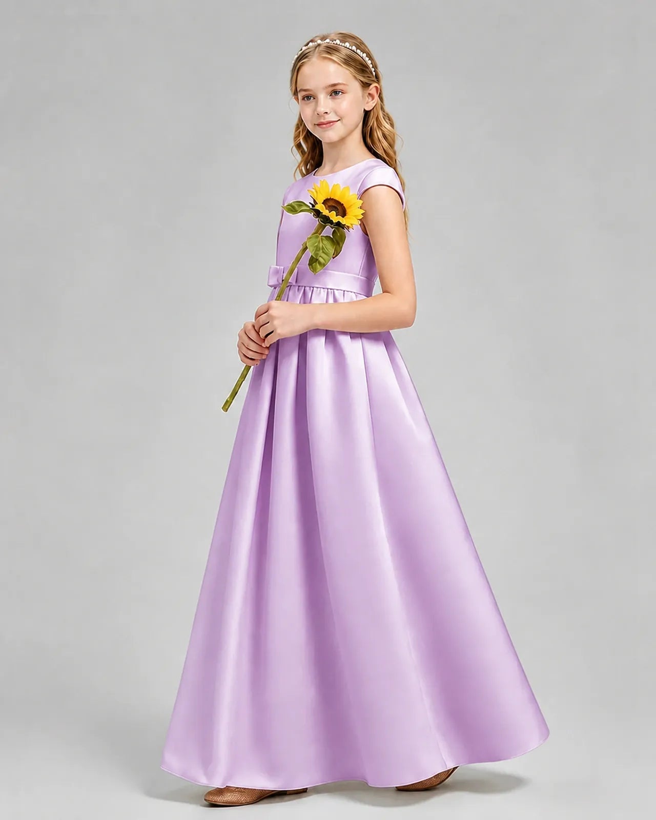 Lilac Satin A-line Junior Bridesmaid Dress Side View
