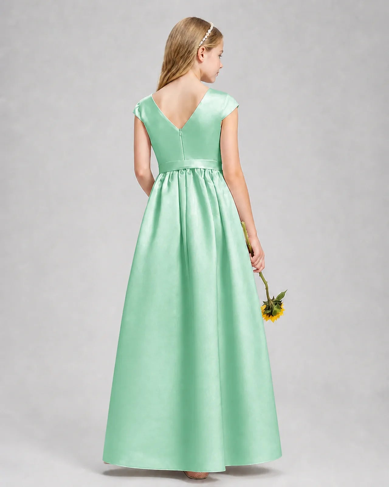 Mint Green Satin A-line Junior Bridesmaid Dress Back View