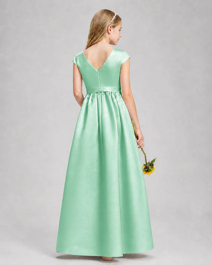 Mint Green Satin A-line Junior Bridesmaid Dress Back View