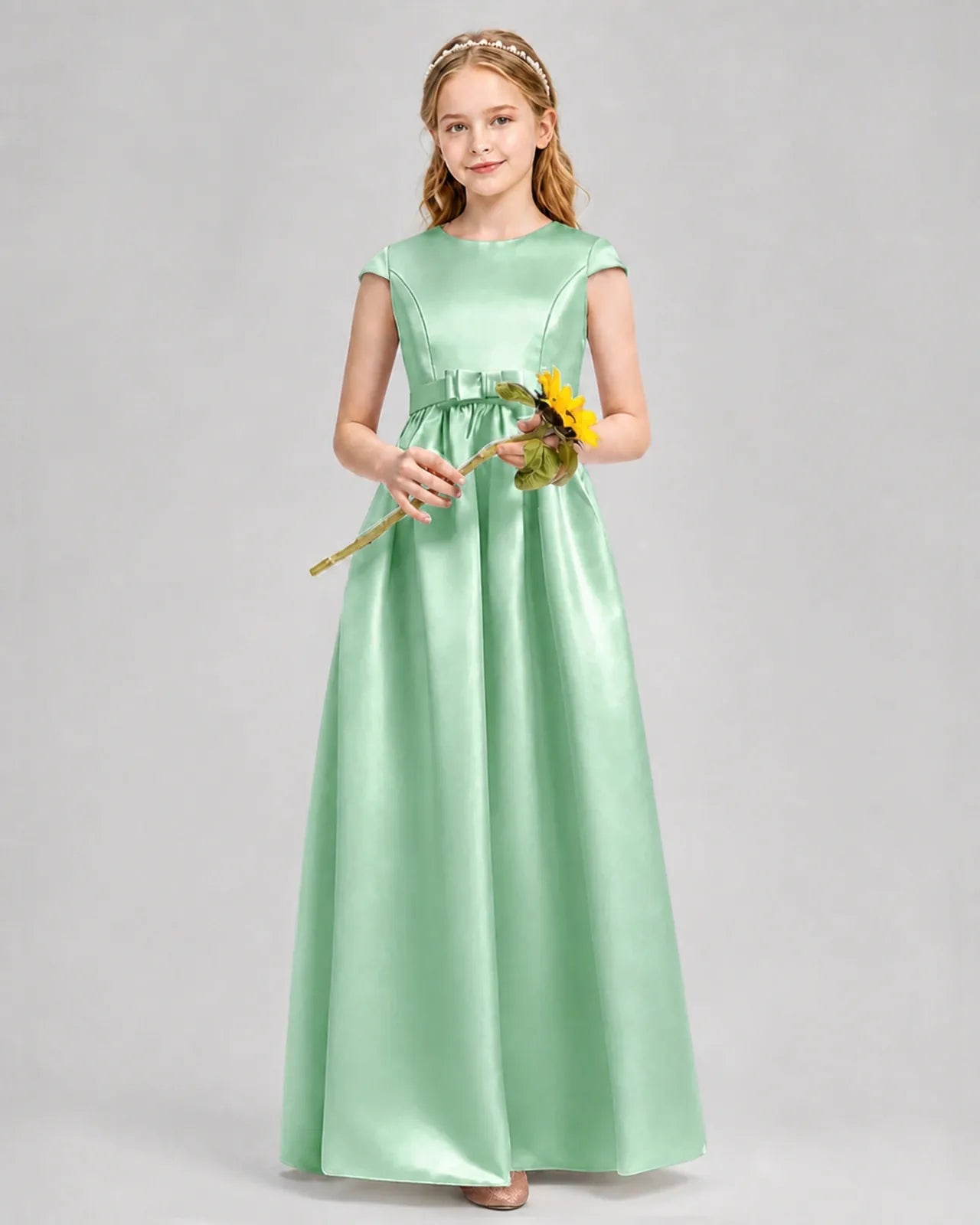 Mint Green Satin A-line Junior Bridesmaid Dress Front View