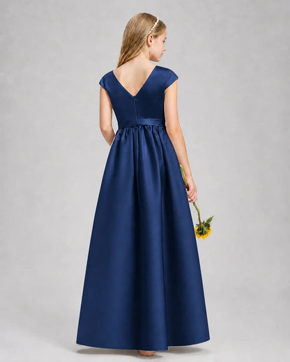 Navy Blue Satin A-line Junior Bridesmaid Dress Back View