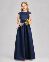 Navy Blue Satin A-line Junior Bridesmaid Dress Front View