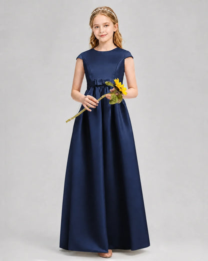 Navy Blue Satin A-line Junior Bridesmaid Dress Front View
