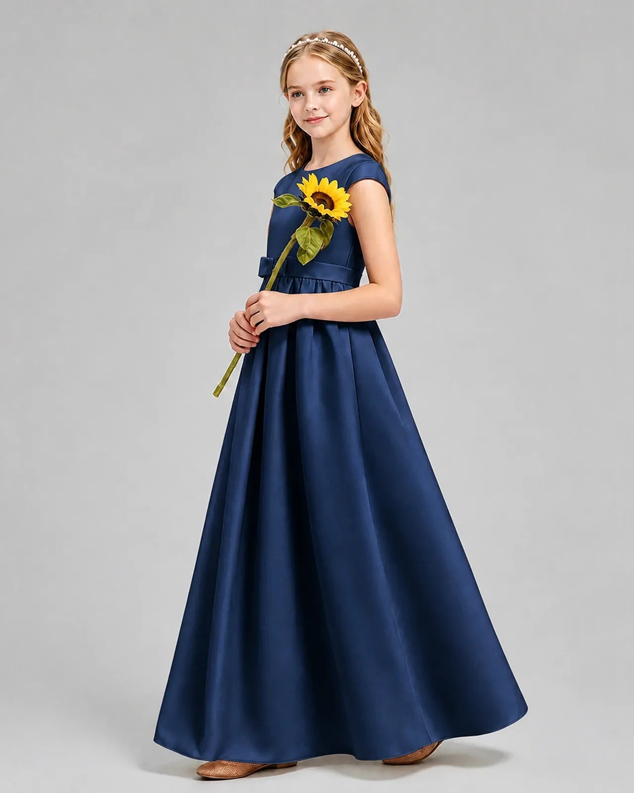 Navy Blue Satin A-line Junior Bridesmaid Dress Side View