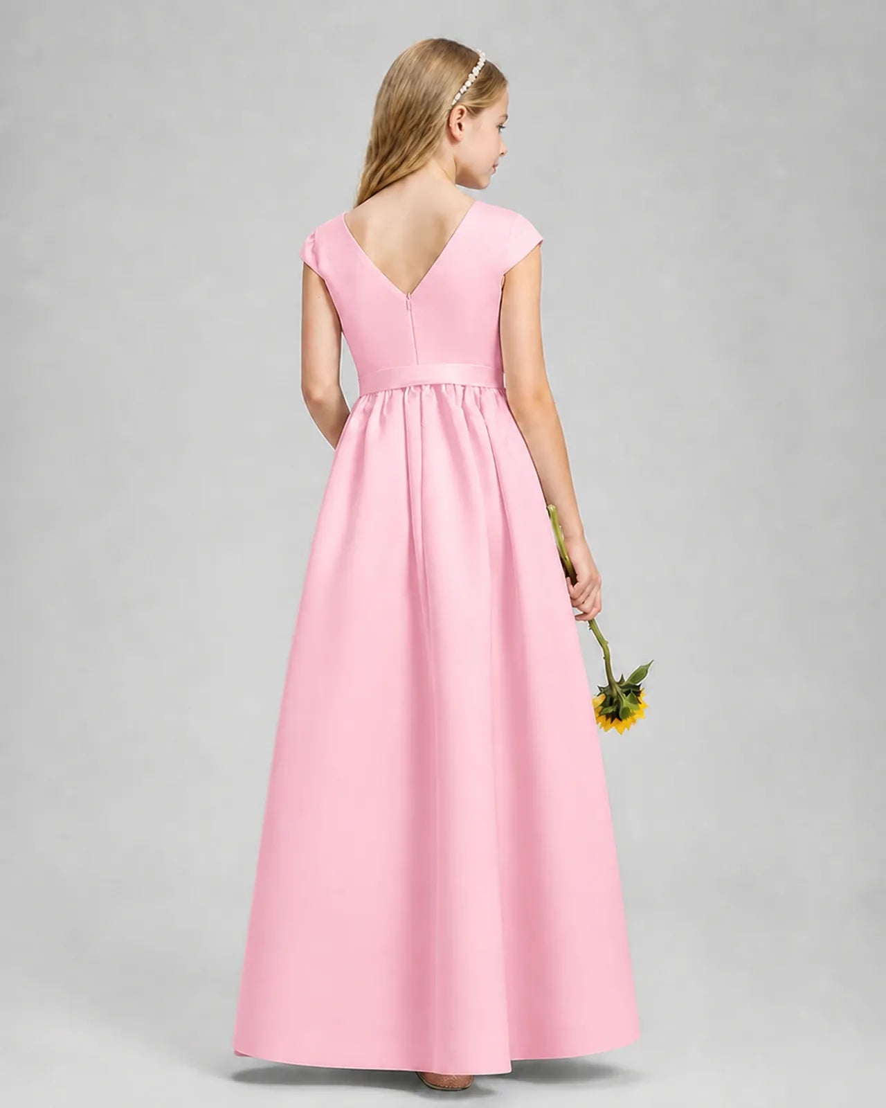 Pink Satin A-line Junior Bridesmaid Dress Back View