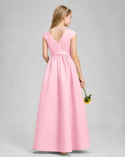 Pink Satin A-line Junior Bridesmaid Dress Back View