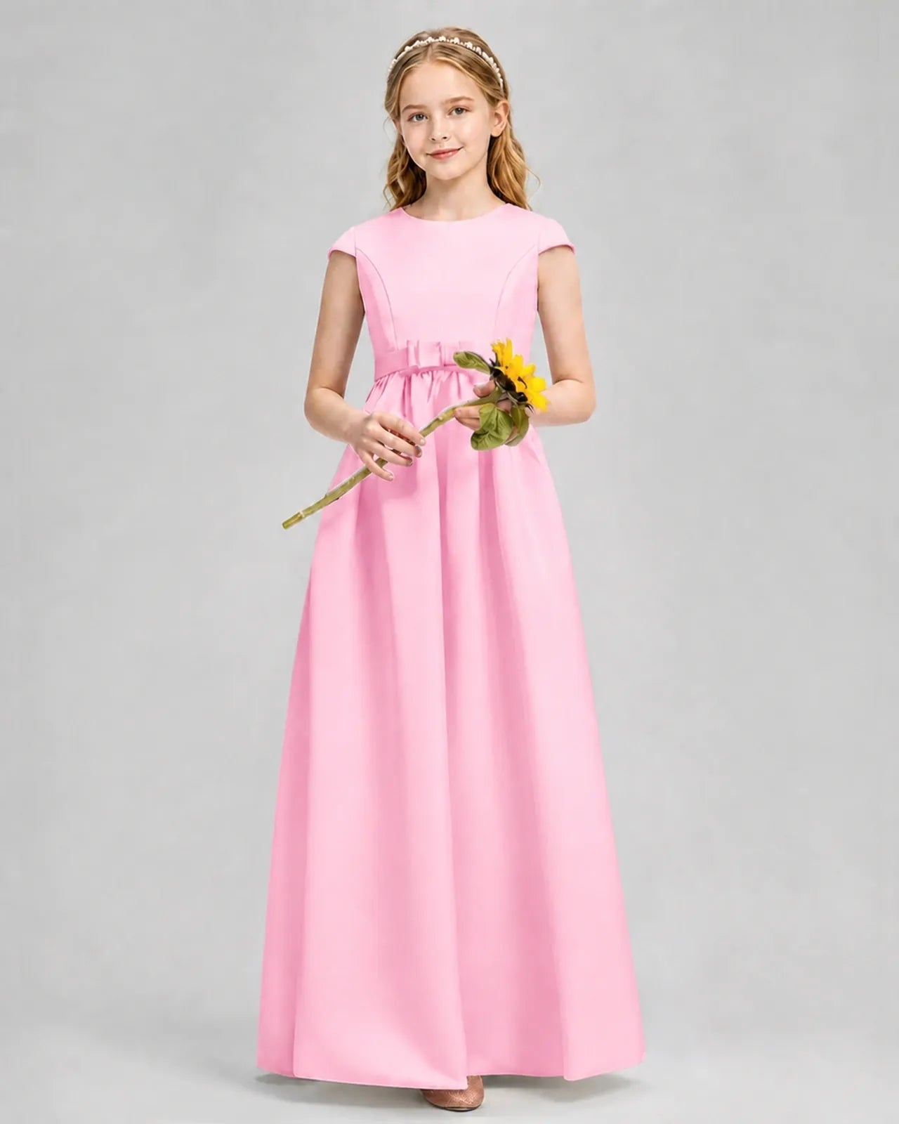 Pink Satin A-line Junior Bridesmaid Dress Front View