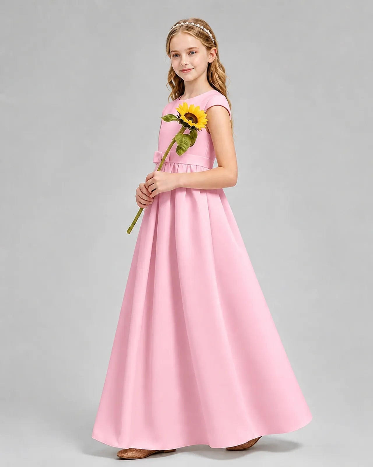Pink Satin A-line Junior Bridesmaid Dress Side View