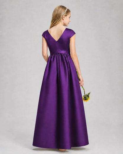 Purple Satin A-line Junior Bridesmaid Dress Back View