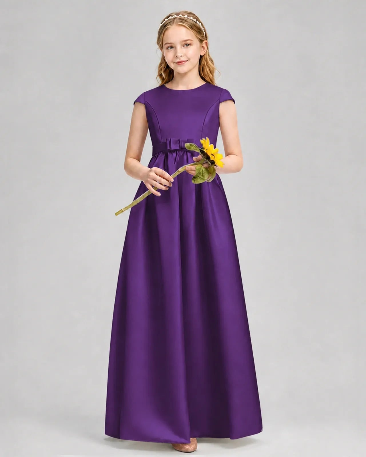 Purple Satin A-line Junior Bridesmaid Dress Front View