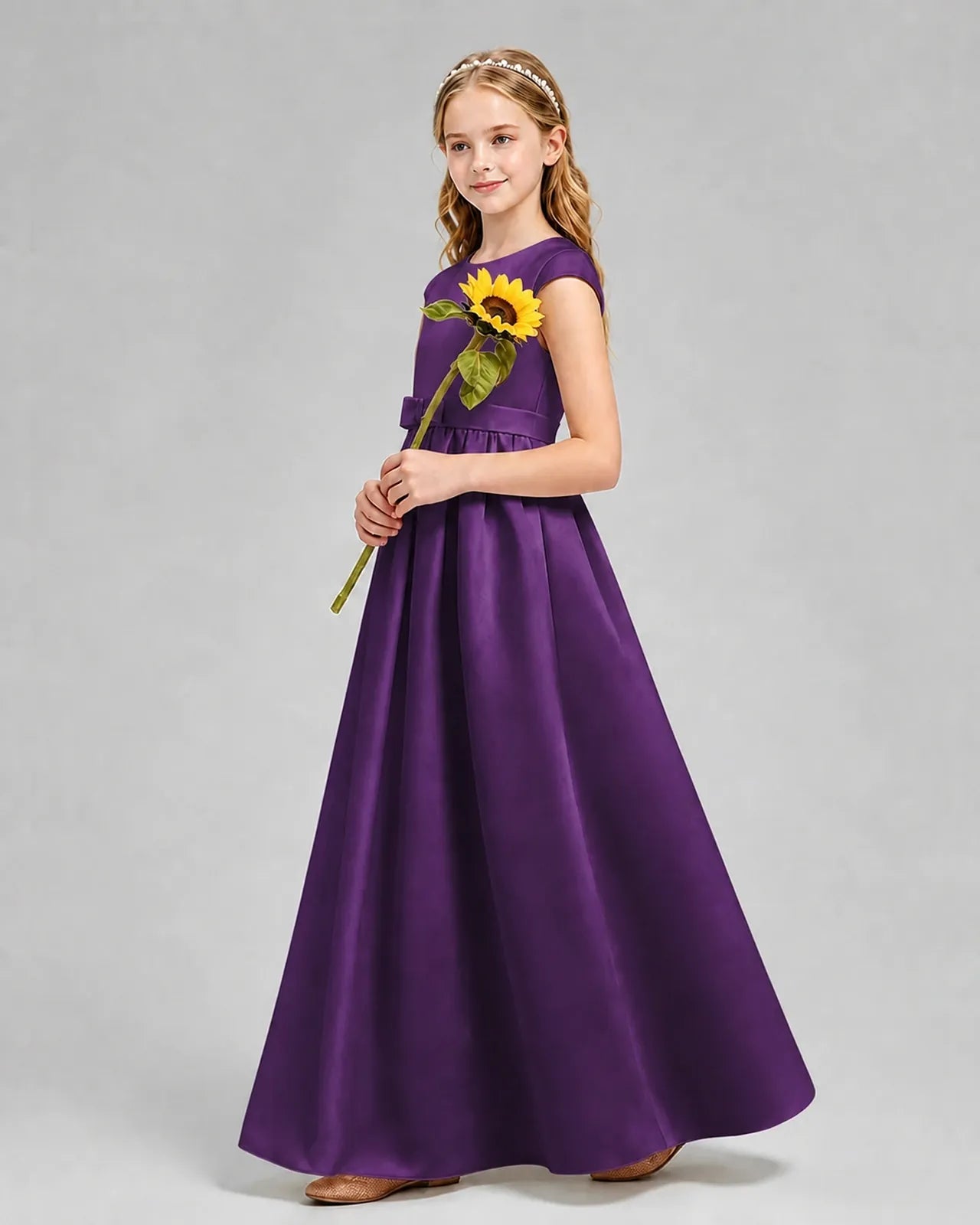 Purple Satin A-line Junior Bridesmaid Dress Side View