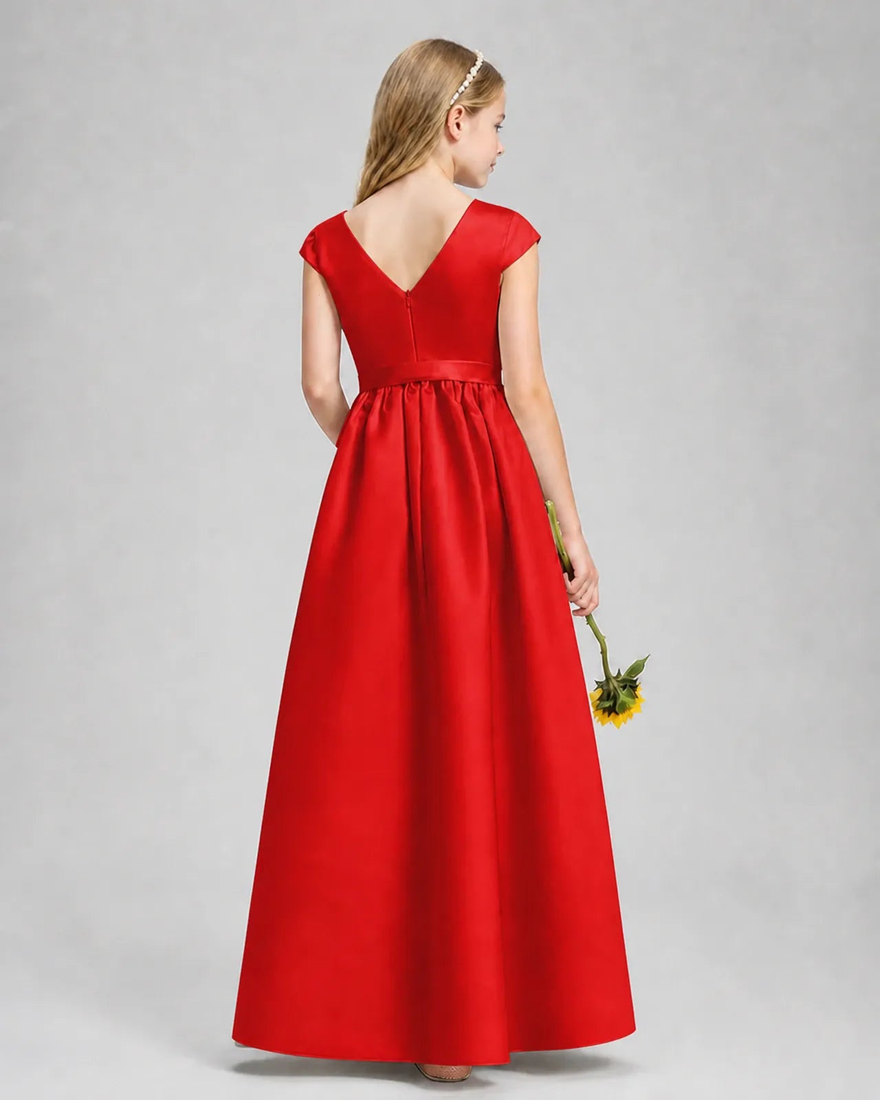 Red Satin A-line Junior Bridesmaid Dress Back View