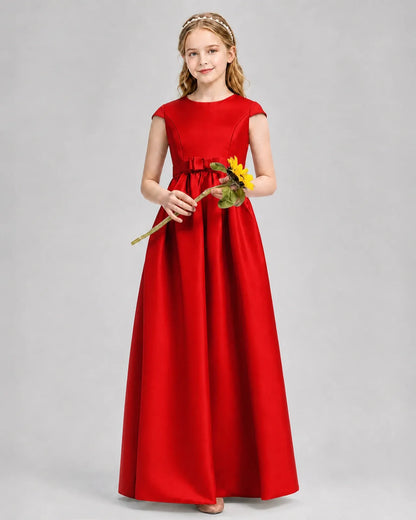 Red Satin A-line Junior Bridesmaid Dress Front View