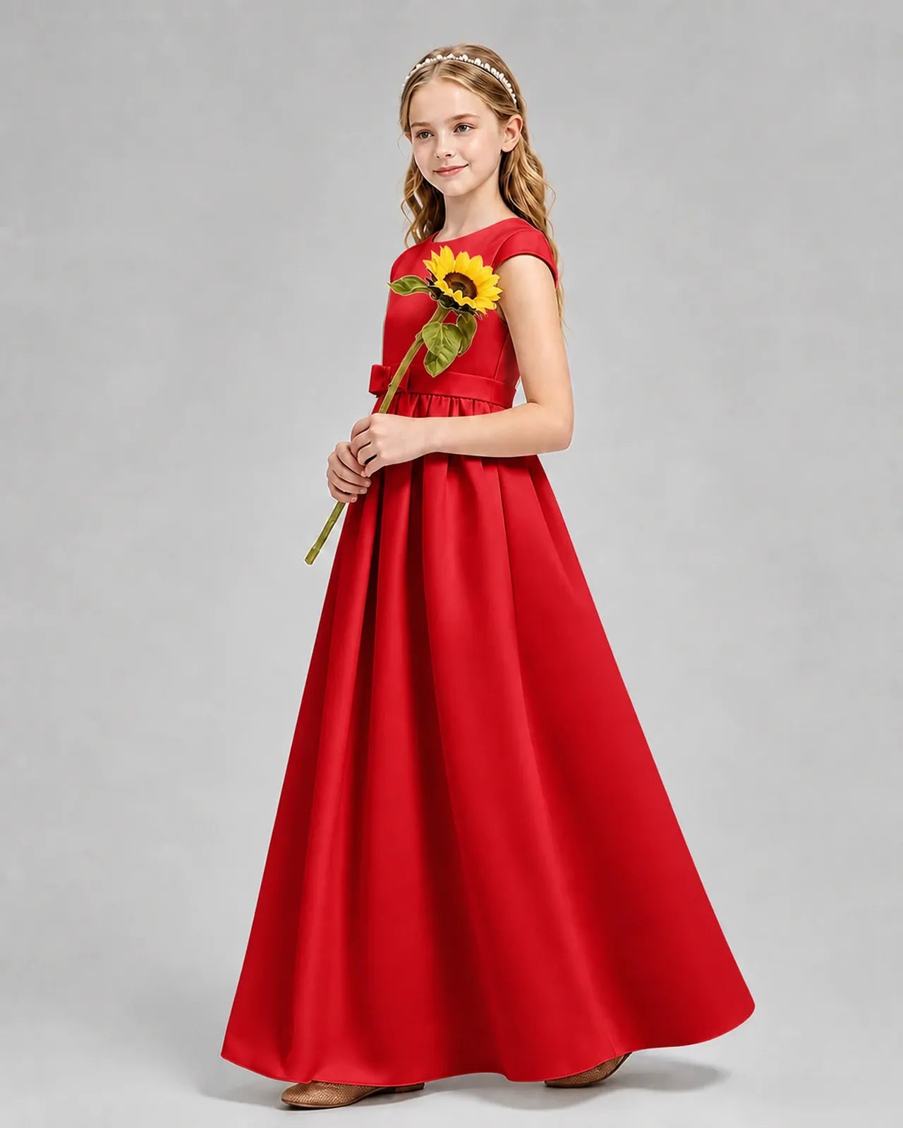 Red Satin A-line Junior Bridesmaid Dress Side View