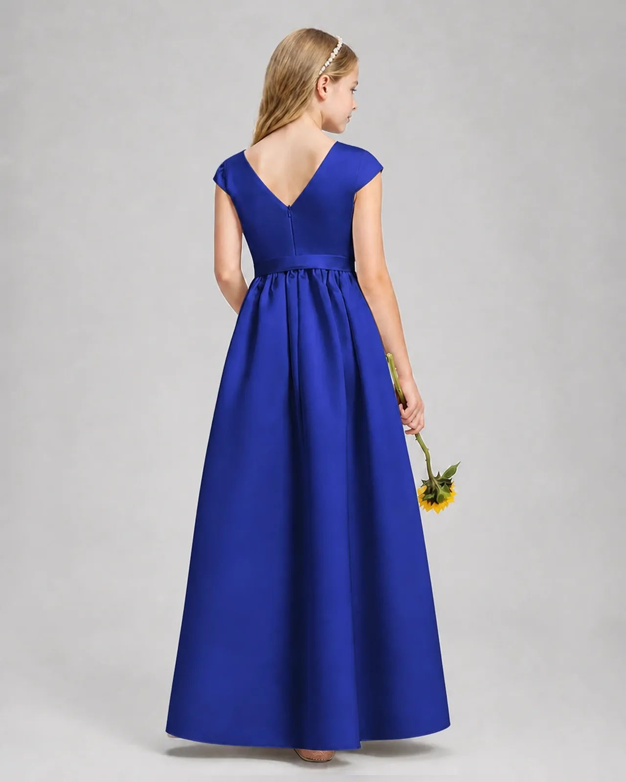 Royal Blue Satin A-line Junior Bridesmaid Dress Back View