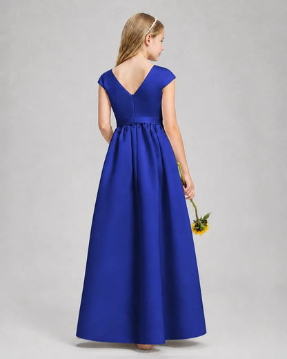 Royal Blue Satin A-line Junior Bridesmaid Dress Back View