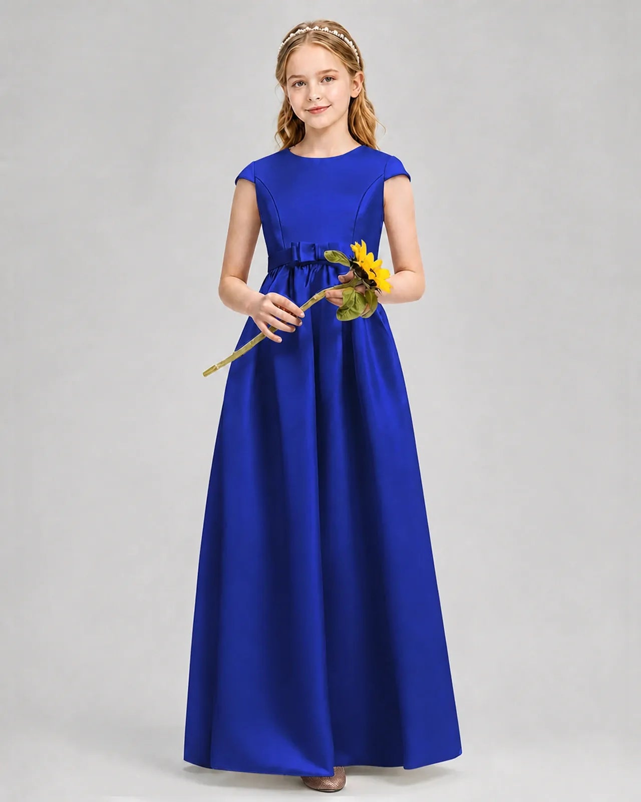 Royal Blue Satin A-line Junior Bridesmaid Dress Front View