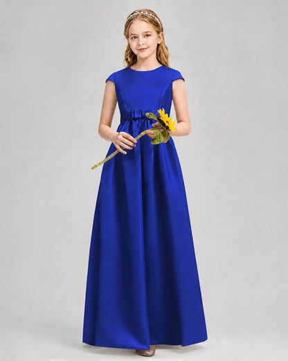 Royal Blue Satin A-line Junior Bridesmaid Dress Front View