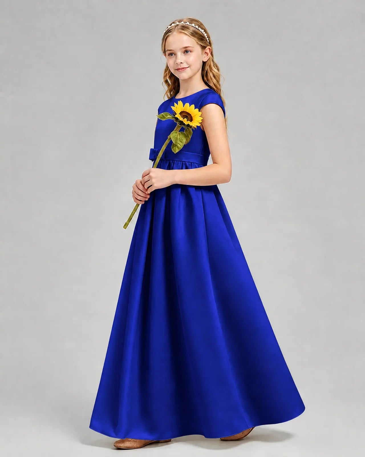 Royal Blue Satin A-line Junior Bridesmaid Dress Side View