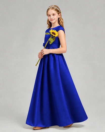 Royal Blue Satin A-line Junior Bridesmaid Dress Side View
