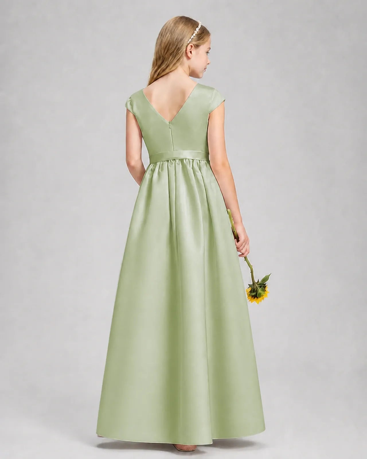 Sage Green Satin A-line Junior Bridesmaid Dress Back View