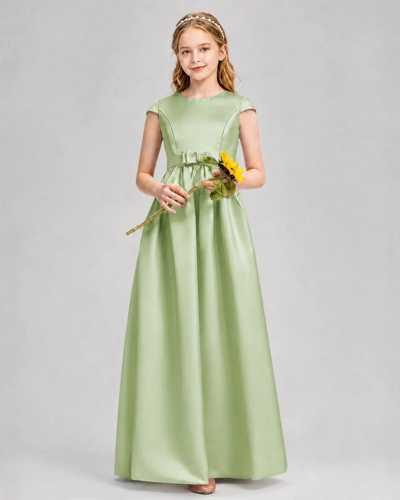 Sage Green Satin A-line Junior Bridesmaid Dress Front View