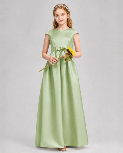 Sage Green Satin A-line Junior Bridesmaid Dress Front View