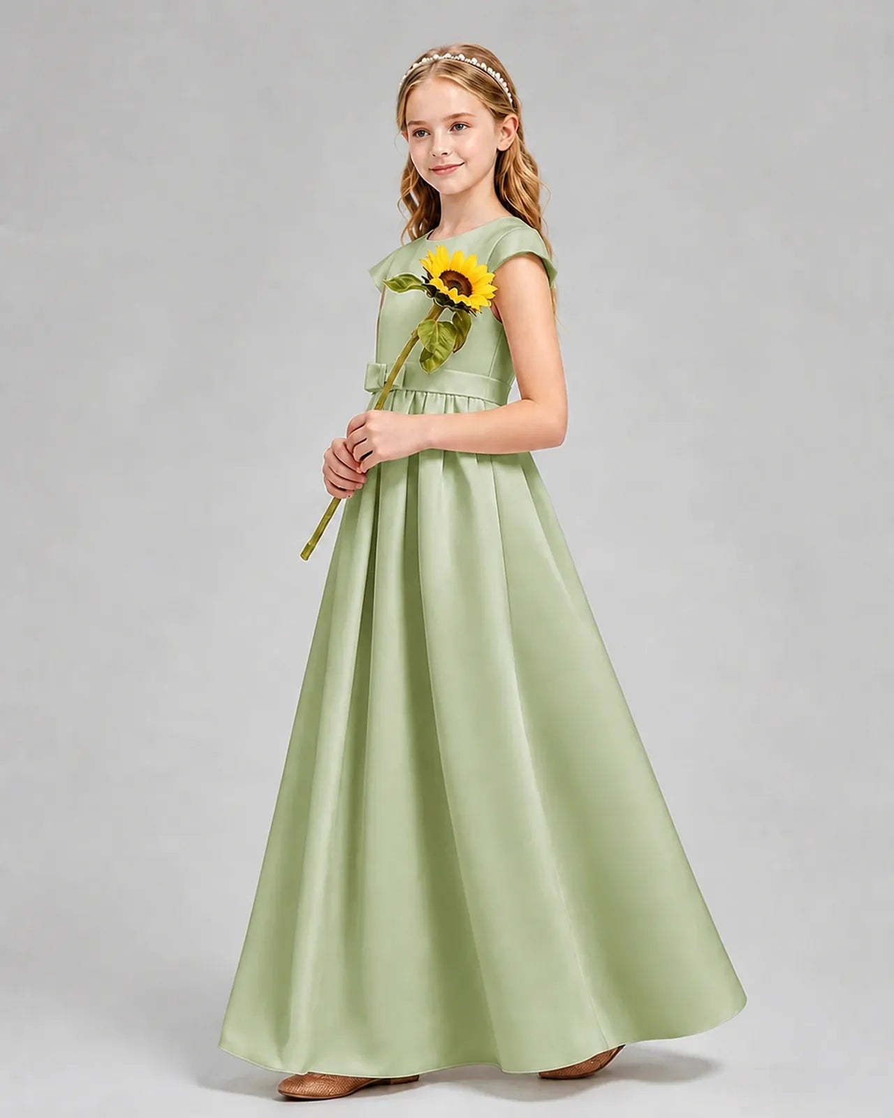 Sage Green Satin A-line Junior Bridesmaid Dress Side View