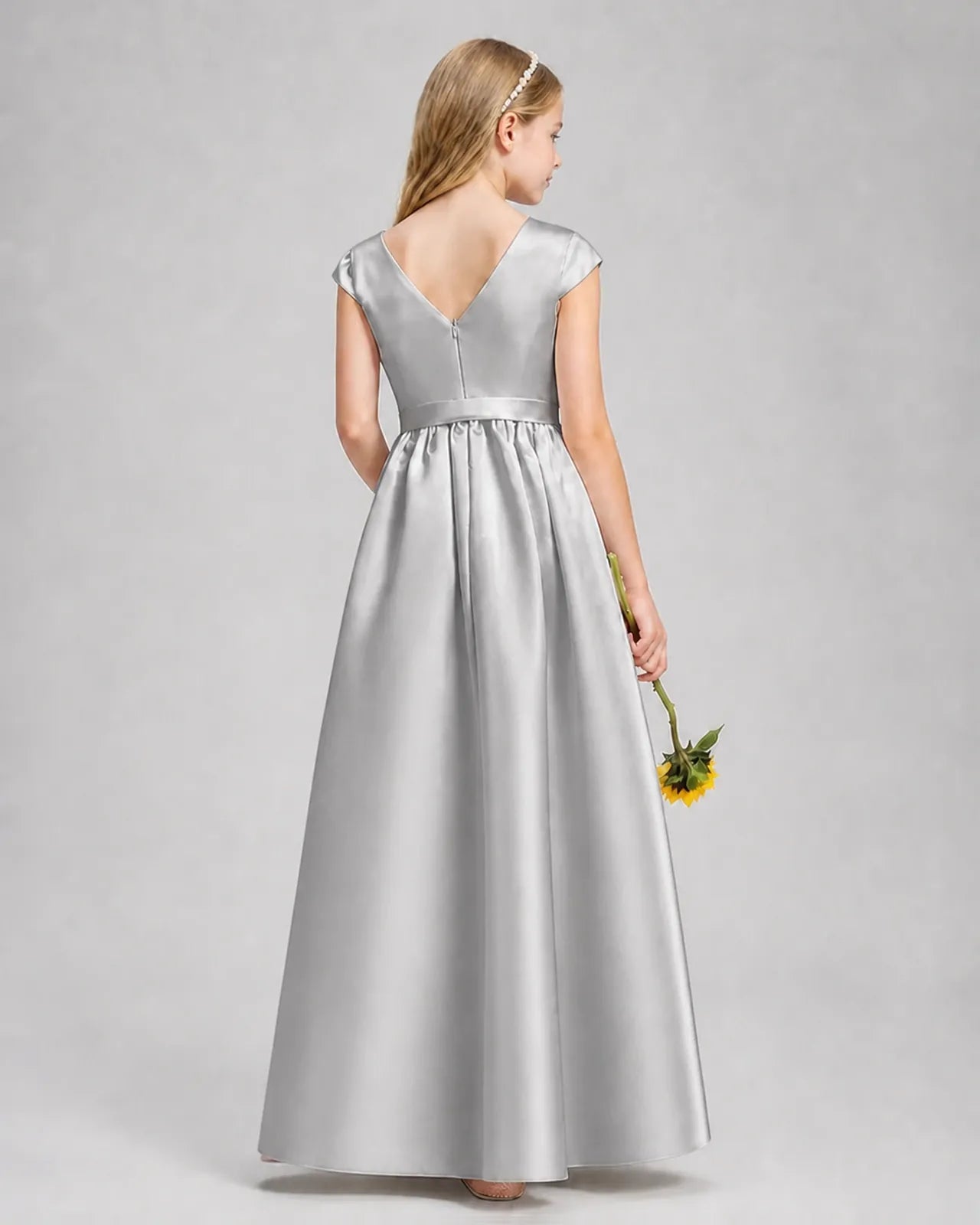 Silver Satin A-line Junior Bridesmaid Dress Back View