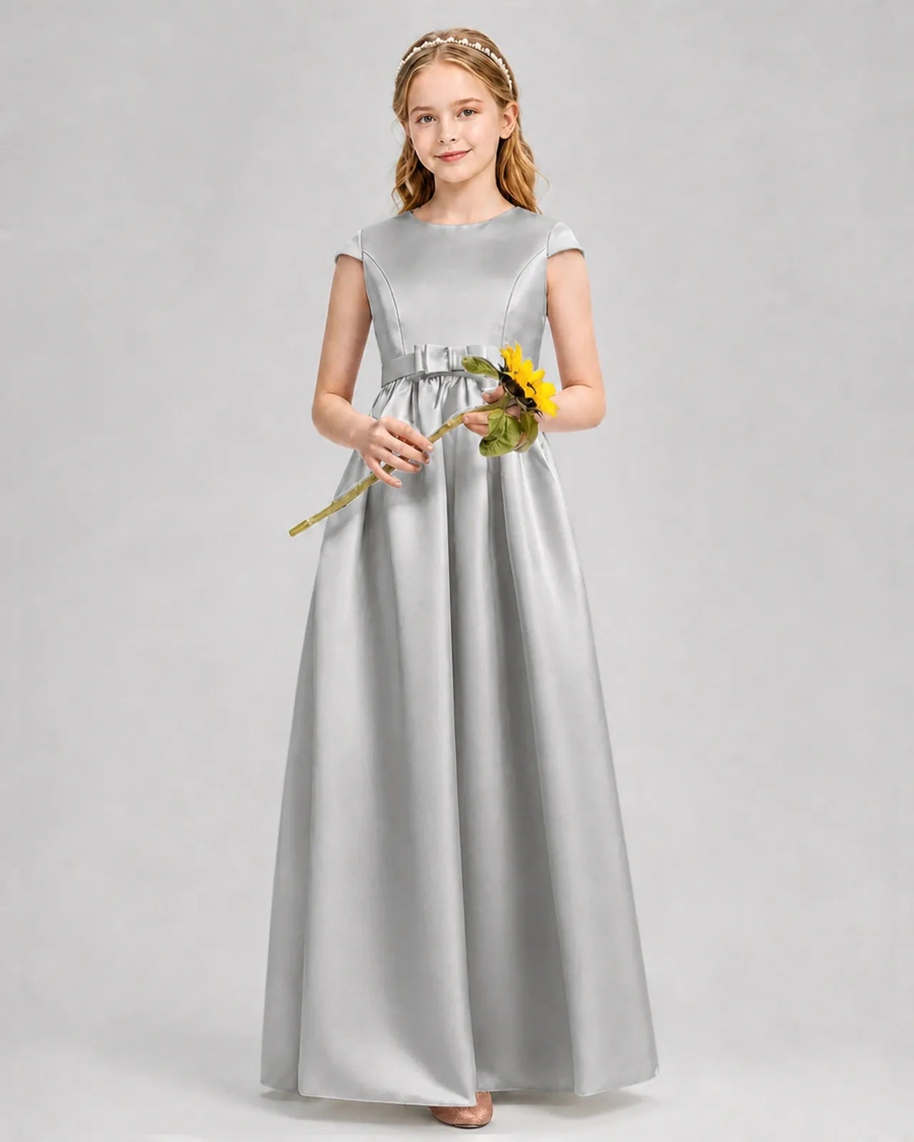Silver Satin A-line Junior Bridesmaid Dress Front View