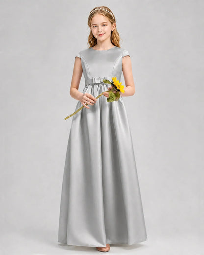 Silver Satin A-line Junior Bridesmaid Dress Front View
