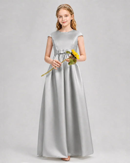 Silver Satin A-line Junior Bridesmaid Dress Front View
