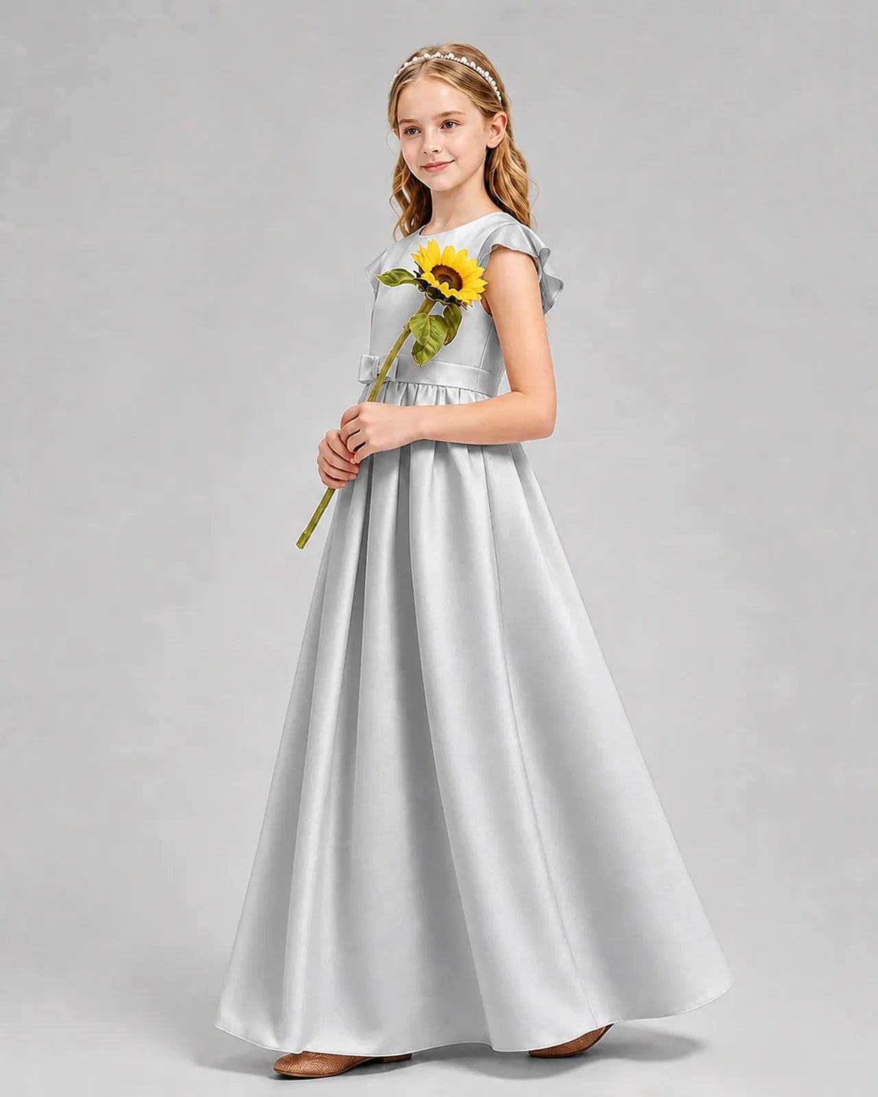 Silver Satin A-line Junior Bridesmaid Dress Side View