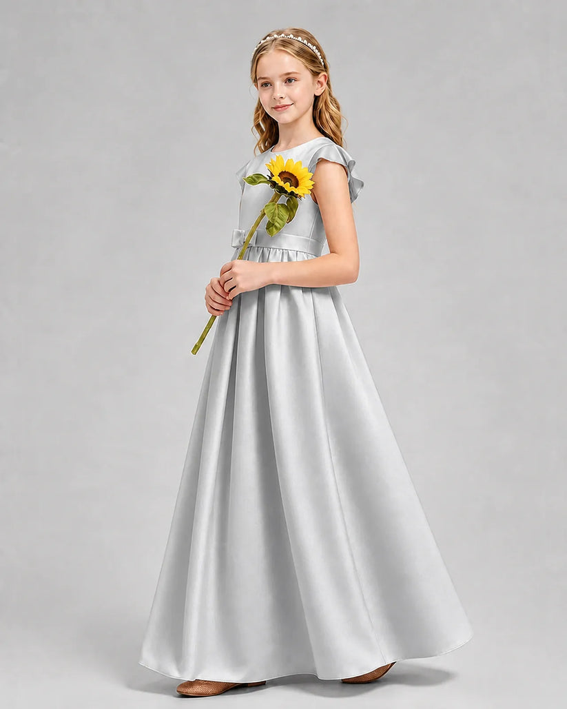 Silver Satin A-line Junior Bridesmaid Dress Side View