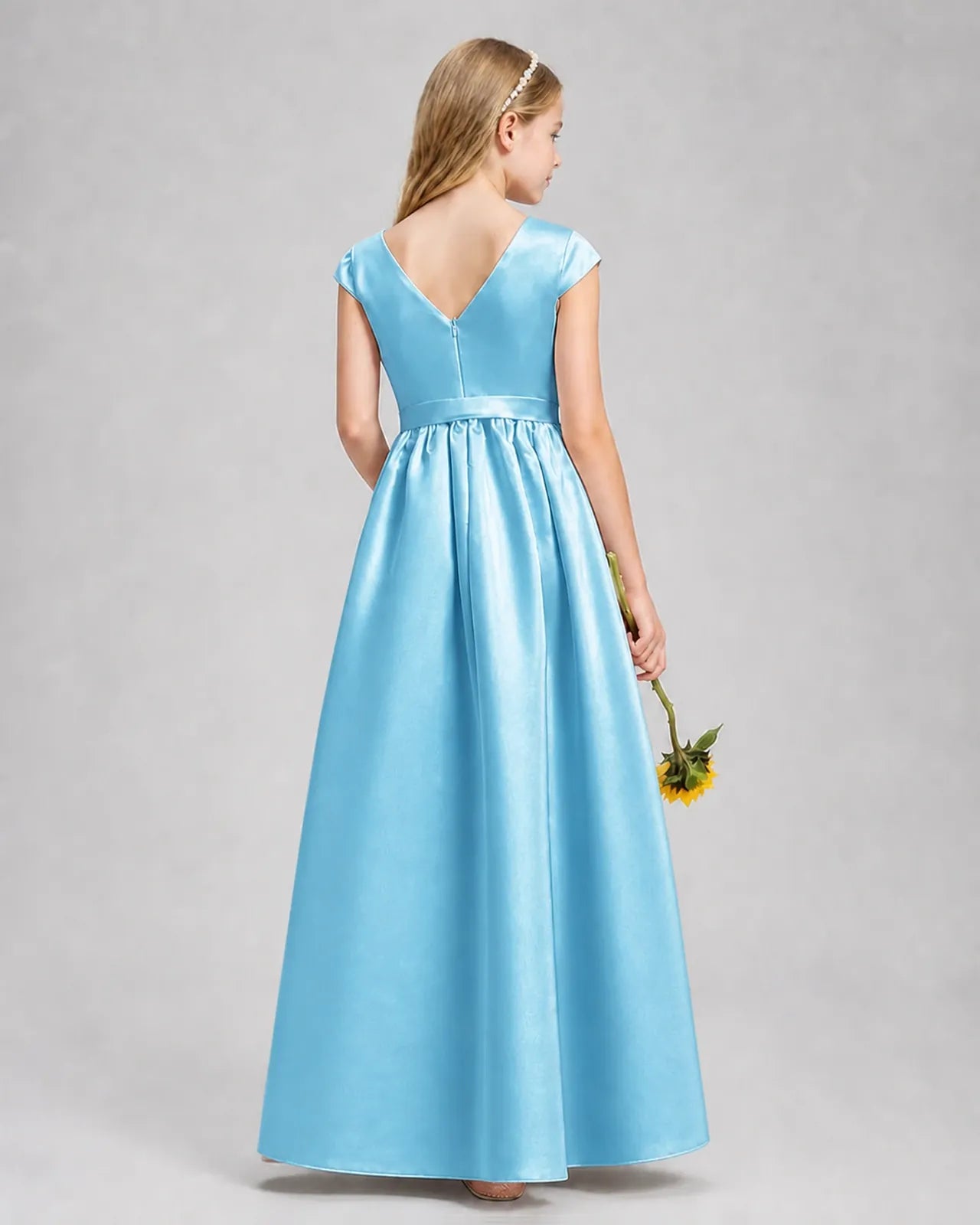 Sky Blue Satin A-line Junior Bridesmaid Dress Back View